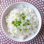 A bowl of cooked white rice garnished with green onions, perfect for culinary presentations.